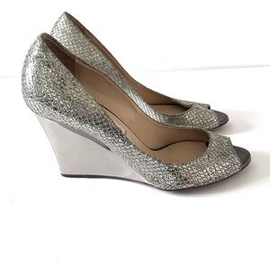 Jimmy Choo peep toe gold glitter wedge heel